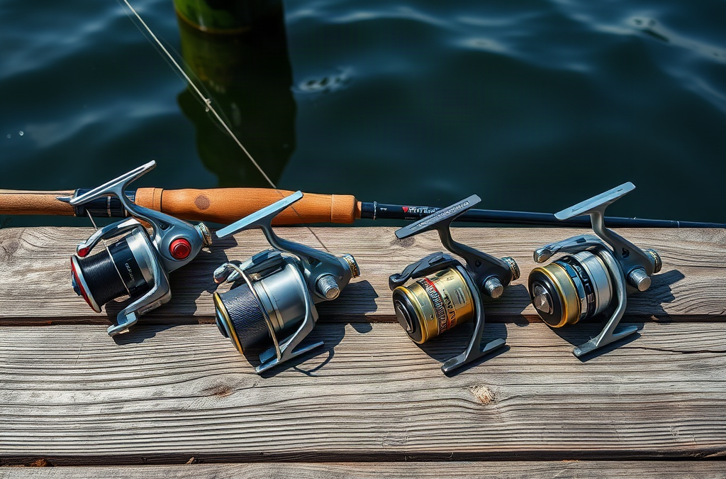Four reel styles arranged beside matching rods on a wooden dock